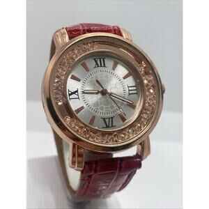 Womens Rose Gold Floating Gem Red Band Watch New Battery